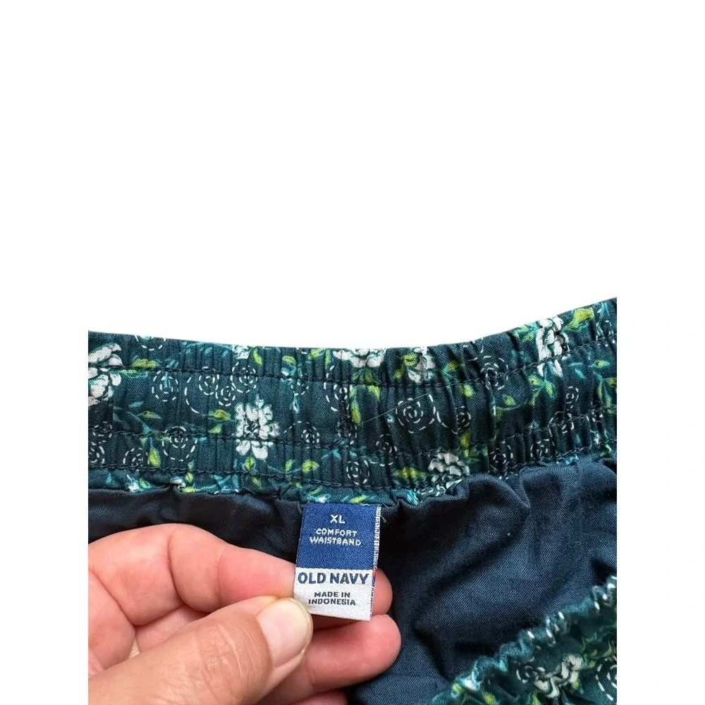 Old Navy Floral Boho Shorts XL Green Elastic Waist Tassel Tie Flowy Cotton - Picture 6 of 7